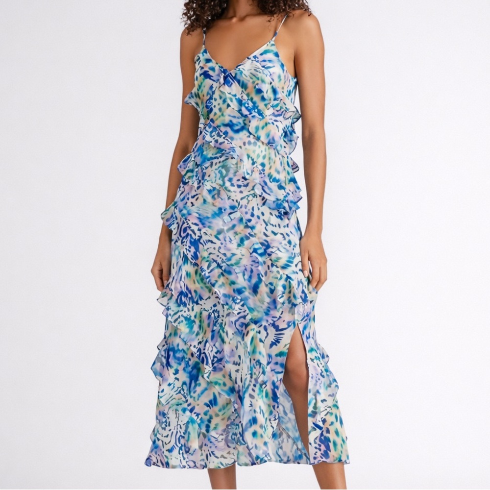 šāØ Steve Madden Ruffle Floral Midi Dress Size 6 Blue Pink Chiffon Summer Party